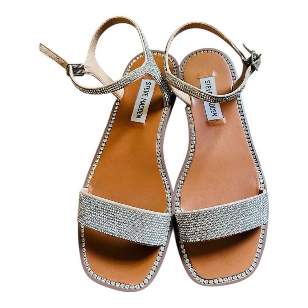 Steve Madden Rhinestone Strappy Slip-On Women's Sandals Beige Silver SZ 8 - Picture 9 of 10